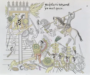 A bálványok elégetése Hernán Cortés által, illusztráció egy 1550 körüli mexikói indián képes krónika, a Lienzo de Tlaxcala fakszimiléjéből, 1892