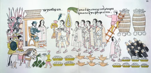 A tlaxcalai törzsfőnök, Maxixcatzin egy csokor rózsát és egyéb ajándékokat ad át Hernando Cortesnek (1485-1547) üdvözlés jeléül, illusztrációként egy mexikói indián képtörténet fakszimiléjéből.