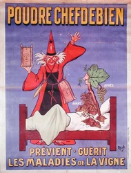 A „La Poudre Chefdebien” plakátot reklámozza a szőlő betegségeinek megelőzésére és gyógyítására