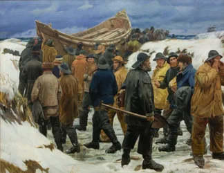 A mentőcsónakot átvontatják a dűnéken, 1883