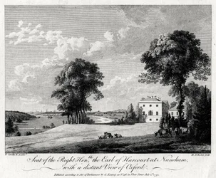Harcourt gróf jobbik székhelye Nunehamben, távoli kilátással Oxfordra, 1775.