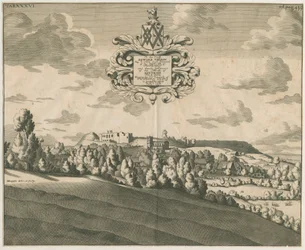 Tutbury kastély – Távoli kilátás: rézmetszet, nd [c 1686]