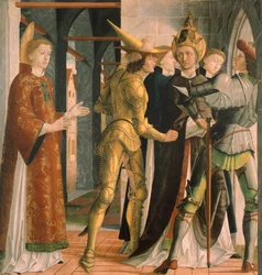II. Sixtus pápa búcsút vesz Szent Lőrinctől, 1465 körül, Michael Pacher (1430-1498 körül), panel