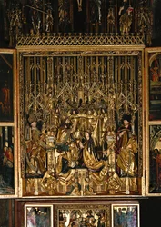 Szent Wolfgang-oltár, oltárszekrény: A Krisztus király előtt térdelő Szűz Mária megkoronázása, fölötte a Szentlélek lebeg