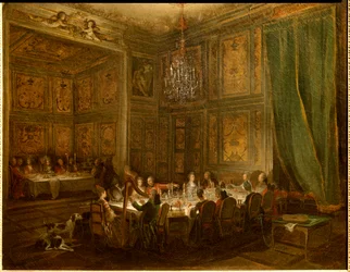 Louis Francois de Conti herceg vacsorája, Michel Barthelemy Ollivier (1712-1784) Templompalota festménye 1766 V. 0,56x0,71