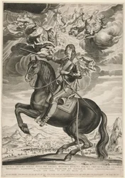 XIII. Lajos (Bourbon) (1601-1603) lovas portréja 33 éves korában. A táj Callot nyomán készült