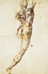 Hátulról látott férfiakt, tanulmány a Cascinai csatához, Michelangelo (1475-1564) műve, rajz.