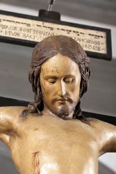 Santo Spirito-feszület, körülbelül 1493, Michelangelo (1475-1564) alkotása, részlet, polikróm faszobor, a firenzei Santo Spirito-bazilika sekrestyéje - Feszület. Michelangelo Buonarroti, más néven Michelangelo reneszánsz szobra (Michelangelo vagy Michela)