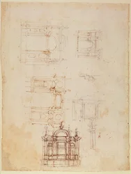 Tanulmányok diadalív formájú építészeti kompozícióhoz, 1516 körül (fekete kréta tollal és barna tintával a papíron) (recto) (a verset lásd: 191776)