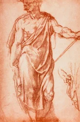 Drapériába öltözött férfialak tanulmánya; Leonardo da Vinci rajza. Gabinetto dei Disegni e delle Stampe, Uffizi Képtár, Firenze
