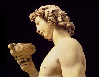 Bacchus mámorossága, fejének részlete, Michelangelo Buonarroti szobra, 1475-1564, 1496-97, márványrészlet a 52672-ből