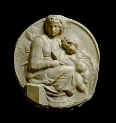 Szűz és gyermek Keresztelő Szent János gyermekével Madonna Pitti vagy Tondo Pitti. Dombornyomott márványharisnya Michelangelo Buonarrotitól