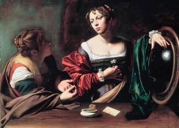 ""Marthe et Marie Madeleine"" Peinture de Michelangelo Merisi dit Le Caravage ou il Caravaggio (1571-1610) vers 1598 Dim. 100x134,5 cm Detroit Institute of Art   1325911   hu       hungarian Successfully Translated  Original: Martyrdom of St. Stephen Trans