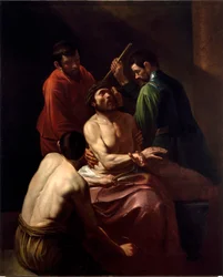 Töviskoronázás, Michelangelo Merisi, más néven Caravaggio vagy il Caravaggio (1571-1610) festménye (újabban neki tulajdonítva). Méretek: 203 x 166 cm. Genova, Chiesa di San Bartolomeo della Certosa