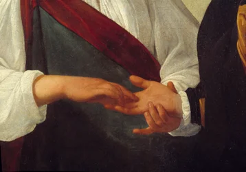 A jósnő. Részlet, amely az ügyfél kinyújtott kezét ábrázolja a nő kezében, aki a tenyerének vonalait olvassa. Michelangelo Merisi da Caravaggio, Caravaggio néven ismert művész (kb. 1571-1610) festménye. Méret: 0,99 x 1,31 m
