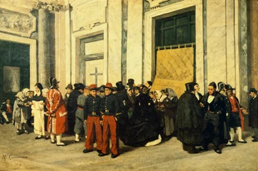 A Santa Maria Maggiore bejárata, kb. 1865, szerző: Michele Cammarano (1835-1920), Olaszország, Olaj, vászon.