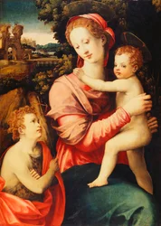 Madonna és Gyermek Keresztelő Szent János csecsemővel, erdős folyami táj, azon túl egy képzeletbeli palotával,