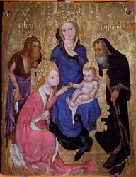 Szent Katalin misztikus házassága Keresztelő Jánossal és Egyiptomi Antal szentekkel - Festmény, 1420 körül