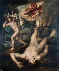 La mort de Abel - Ábel halála - Peinture de Michiel Coxcie (Coxie, Coxien, De Coxien, De Coxcie, Coxius, Van Coxcie) (1499-1592), 1539 után - Olaj, fa