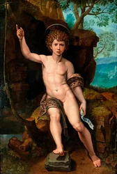 ""Keresztelő Szent János ábrázolása"" (Keresztelő Szent János) Michael Coxcie (Michiel Coxien) festménye (De Coxien, De Coxcie, Coxius, Van Coxcie és Coxie) (1499-1592) 16. század Olaj, fa Méret: 104x73 cm Magángyűjtemény