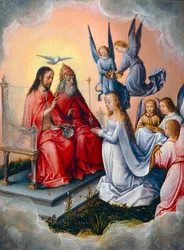 A Szűz megkoronázása az angyalok által, a Szentháromság jelenlétében. Spanyolországban festve ...