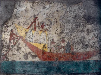 Egyiptomi antikvitás: „” Egyiptomi katonai hajó”” Freskó egy sírból. Kr.e. 2000. Torino, Museo Egizio