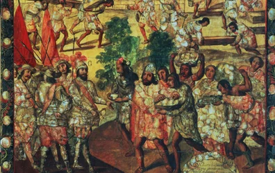 Részlet Hernan Cortesről (1485-1547), aki belép Cempoalba, és fogadja Gordo (Quauhtlaebana) főnököt, aki húst és ajándékokat ad minden spanyolnak