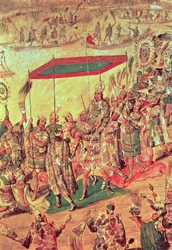 Montezuma üdvözlése (1466-1520) részlet egy festményről, amely Hernando Cortes (1485-1547) Mexikó meghódítását ábrázolja, 1698
