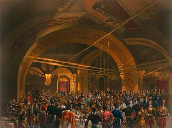 Koronázási bankett a követek számára a Nagy Kreml-palota Aranytermében, Moszkva, 1856