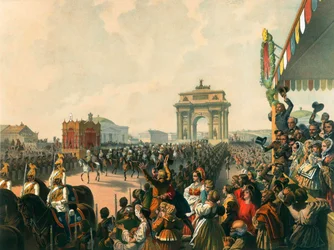 II. Sándor és Mária Alekszandrovna felségük diadalmas belépése Moszkvába, 1856.