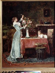 ""La kompozicion du bouquet"" (Csokrot komponálni) Középosztálybeli (magyar?) nő virágcsokrot készít, lánya ránéz. Munkácsy Mihály (1844-1900) festménye 1880 körül Puskin Múzeum, Moszkva