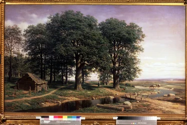 Egy Chesnaie. (Egy tölgyliget). Táj magas tölgyekkel és fakunyhóval, a horizont felé kanyargó folyó közelében, figurákkal és ivóvizet ivó tehenekkel. Mikhail Konstantinovich Klodt báró von Jurgensburg festménye (Micha