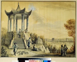 A Grand Caprice pavilon a Katalin parkban, Tsarkoye Selóban. Mihail Matvejevics Ivanov (1758-1823) munkája, akvarell és kréta papíron, 18. század vége. 18. századi orosz művészet. Ins