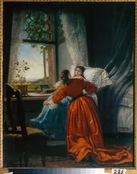 Beteglátogatás (Visiting the Sick) egy nő egy kislányt ültet egy ülésre, az ablak mellé szerelve - Mihail Petrovics, Klodt báró (1835-1914) festménye, olaj rézre