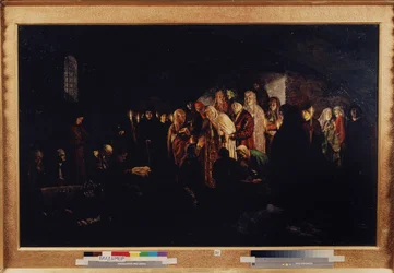 The Empress Giving Alms (Empress Giving Alms). A cárnő, akit nemesek és papok vesznek körül, jótékonykodnak az előtte térdelt rászoruló emberek gyülekezetében. Báró Mihail Petrovics Klodt (1835-1914) festménye, olaj, vászon