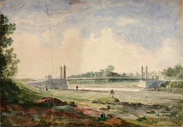 Függőhíd az Arno felett, a Cascine közelében, Firenze, 19. század.