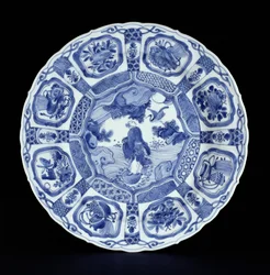 Kék-fehér kraaktál festett Li Tieguai-val, amint átkel a tengeren egy dupla tökön, Wanli-korszak, 1594-1610 (porcelán)