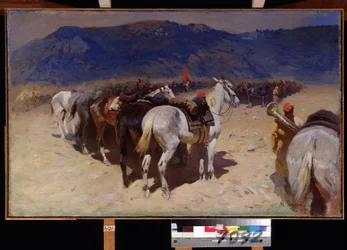 A lovasság megtörése, a buharai 29. lovasezred. (A lovasság többi tagja, The 29 Cavalry Regiment in Bukhara). Egy Vörös Hadsereg lovagtalan lovai sorakoztak fel a sztyeppén az 1917-es októberi forradalom idején. Festészet