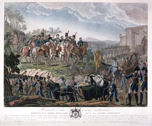 Napóleon tiszteleg a legyőzöttek bátorsága előtt Ulm kapitulációjakor, 1805. október 20. (színes metszet)