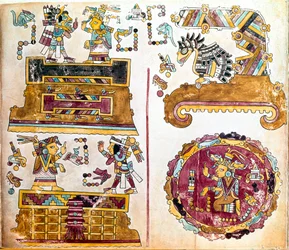 Mixtec civilizáció: Mixtec Codex a napi tevékenységek illusztrációival - Prekolumbiai művészet, vegyes civilizáció: scenes de vie quotidienne - Részlet a Codex Vindobonensis vagy a bécsi kódex másolatából, amelyet Hernan Cortes küldött V. Károlynak 1519-be