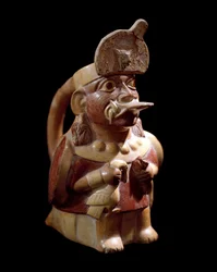 Prekolumbián művészet, Moche-kultúra (Moche, Mochica): két állatot feláldozó papot ábrázoló antropomorf váza. Kr. e. 200-Kr. u. 700. Lima, Nemzeti Antropológiai és Régészeti Múzeum