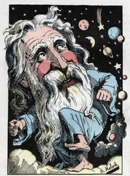 Isten allegóriája Touchatout «Le Trombinoscope» című művében, B. Moloch 1882-es karikatúrája (1849-1909). Magángyűjtemény.