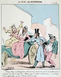 Ő. VOLT. VOLT. Motoredons: Rajzfilm a közlekedésről a városban. Egy kocsis egy részeg barátját beviszi a hintóba két rémült polgárasszony mellé. Moloch (1849-1909) rajza, 1860 körül.