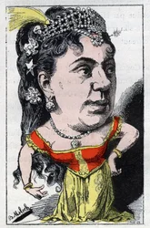 Emma Valladon dit Theresa (1837-1913), a francia kabaré énekesnőjének portréja a Touchatout „Le Trombinoscope” című filmjében, B. Moloch 1882-es rajzfilmje (1849-1909). Magángyűjtemény.