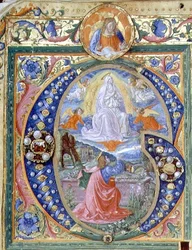 f.106v Történeti „G” kezdőbetű a Szűz mennybemenetelével, egy misekönyvből (vellum)