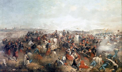 A palesztinai csata: a zouávok. Középen II. Viktor Emánuel