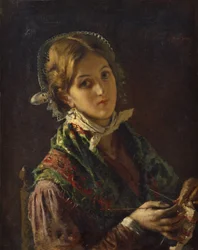 A Woman Knitting (olaj, vászon)