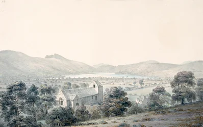 Kilátás a Bala Poolra, Llyntagit, a Llanfawr templom fölött, Meirionethshire