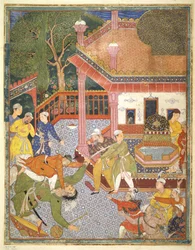 Egy hős egy óriást öl meg bámészkodók tömege előtt az udvaron, illusztráció a Hamza Namából, 1555-67 körül (testszín pamut színű)