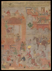 Anushirvan lefekteti a Ctesiphon alapjait egy szerencsés órában, kéziratos fólió, 1560-1565 körül (átlátszatlan akvarell, tinta és arany ruhán, kartonra szerelve)